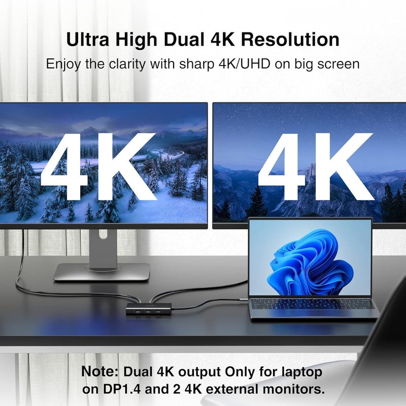 ABIWAZY محطة إرساء USB C لشاشتين مزدوجتين لأجهزة HP و Dell و Lenovo Thinkpad و Surface، 8 في 1 محول مركز متعدد الشاشات إلى HDMI مزدوج 4K و DisplayPort و VGA و 00W PD و 3 USB لأجهزة الكمبيوتر المحمولة بنظام Windows (أسود) - Image 3